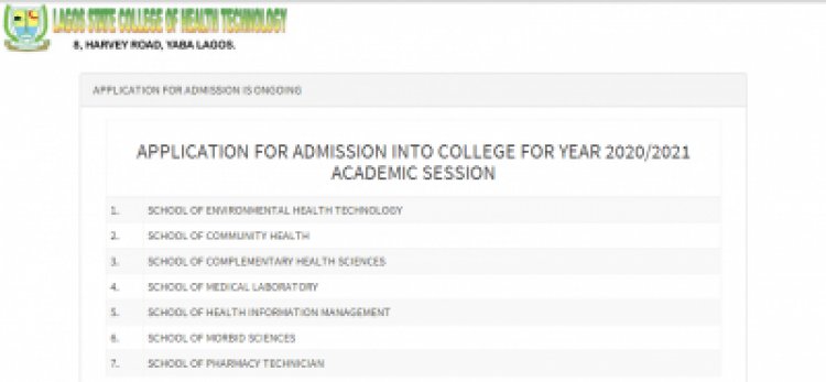 Lagos State College of Health Technology admission form for 2020/2021 session