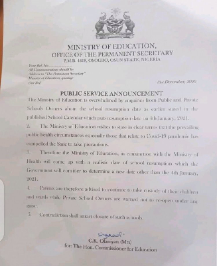 Osun State Ministry of Education notice on resumption