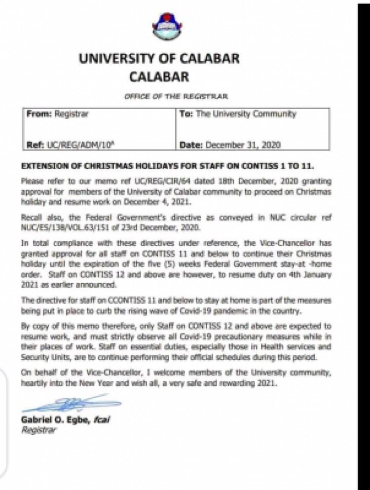 University of Calabar notice to staff