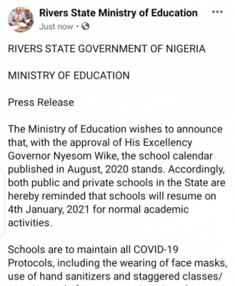 Rivers State notice on resumption of schools