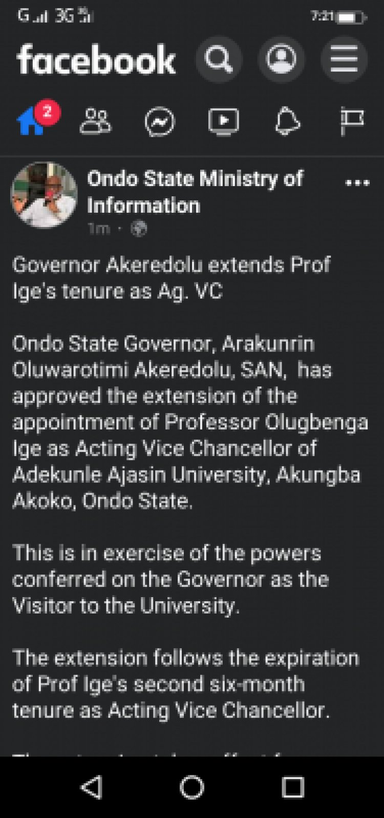 Ondo State Governor extends the appointment of Acting Vice-chancellor of AAUA