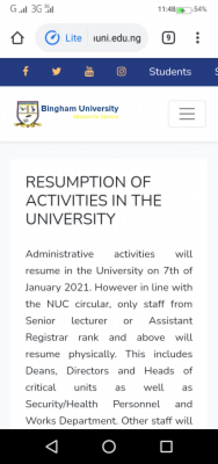 BASU notice on resumption for postgraduate students