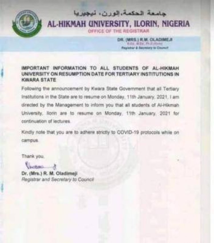 Alhikmah university resumption date