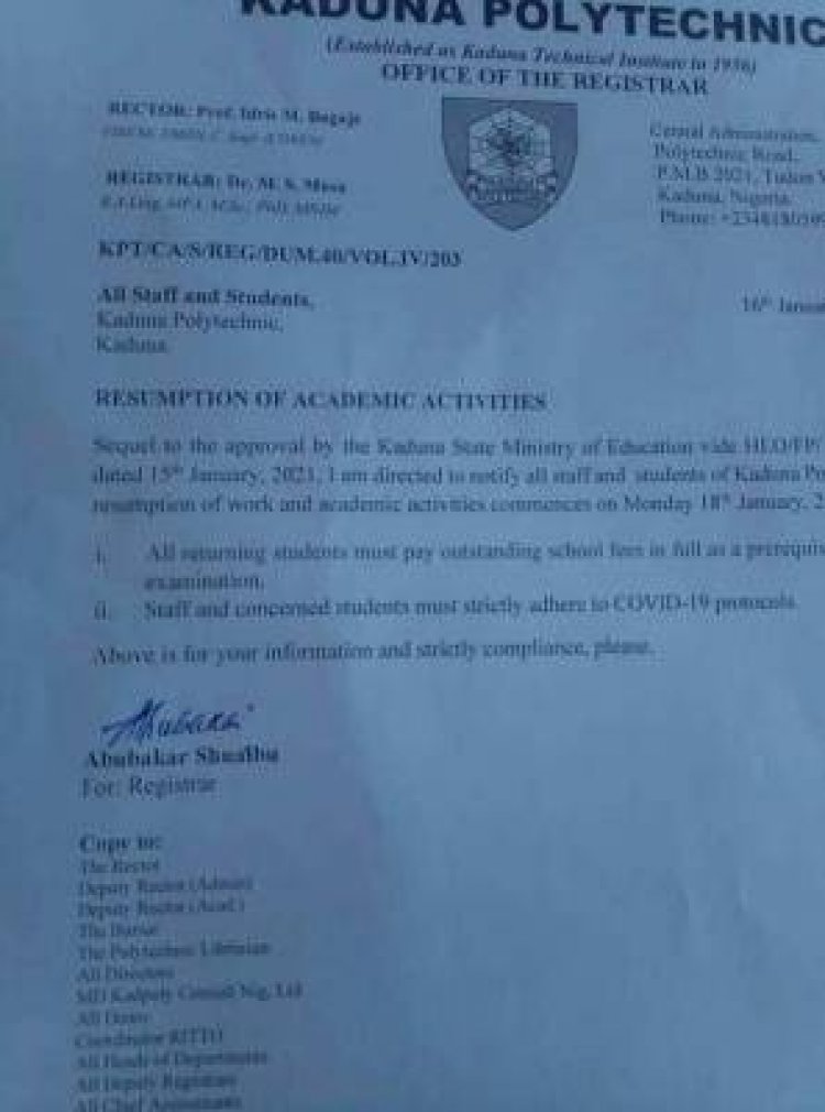 KADPOLY notice on resumption of academic activities