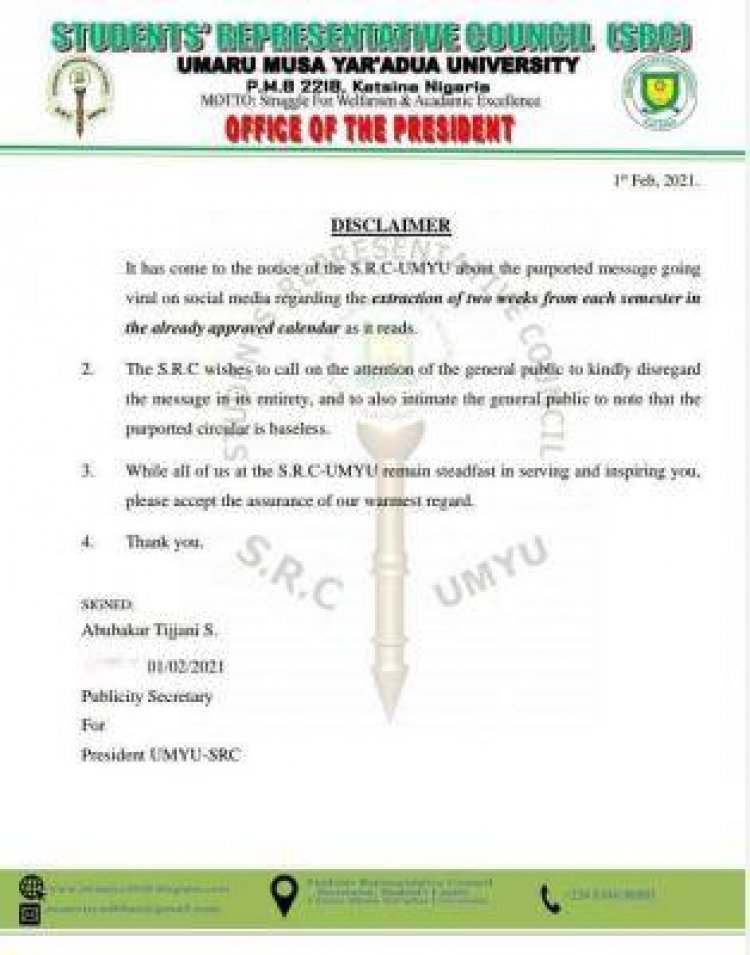 UMYU SRC notice on the alleged extraction of 2 weeks from the academic calendar