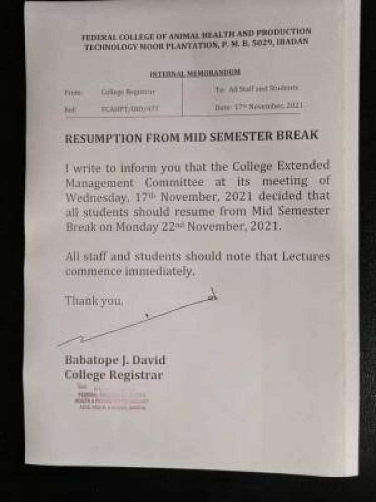 Federal College of Animal Health, Ibadan resumption from mid-semester break