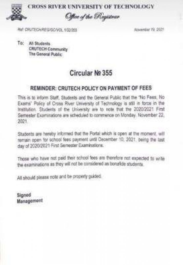 CRUTECH reminder on policy regarding payment of school fees